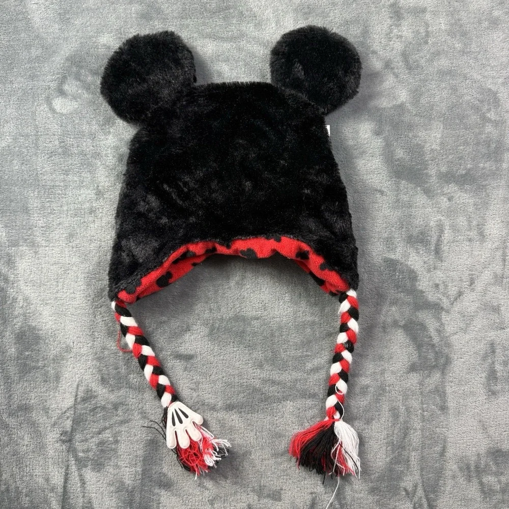 Disney Mickey Mouse Clubhouse Ears W/Braids Black Fluffy Beanie Laplander Hat